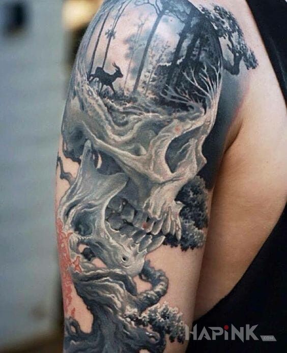 Tattoo Czaszka i jelen in animals motif and realistic style on the upper arm