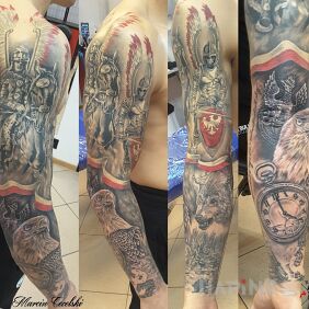 Tattoo Patriotic sleeve on the forearm motif: patriotic style: realistic