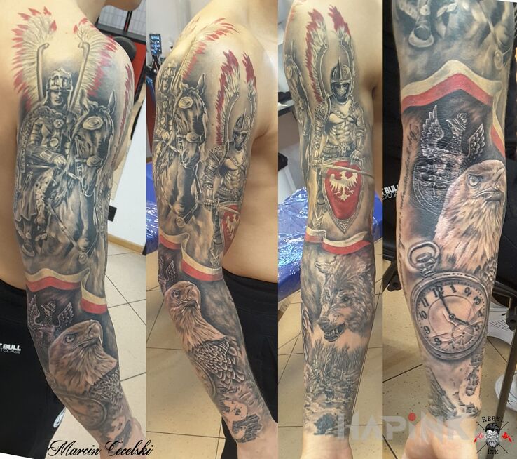 Tattoo Patriotyczny rękaw in characters motif and realistic style on the upper arm