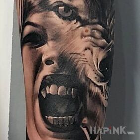Tattoo #wampire #wolf #tatoo on the forearm motif: faces style: realistic