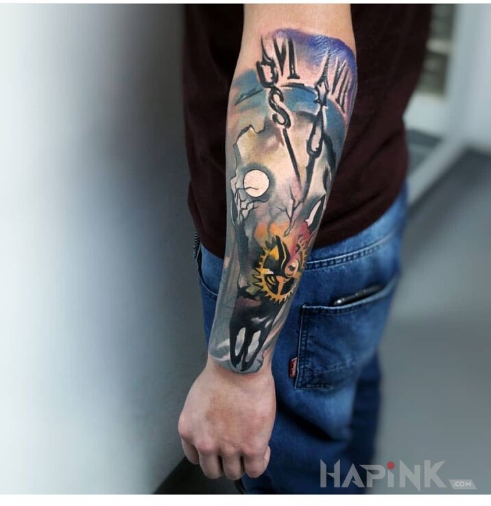 Tattoo Ciąg dalszy in skulls motif on the forearm