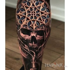 Tattoo Stained glass on the calf motif: 3D style: realistic