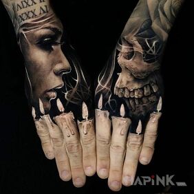 Tattoo Candles on the fingers motif: skulls style: realistic