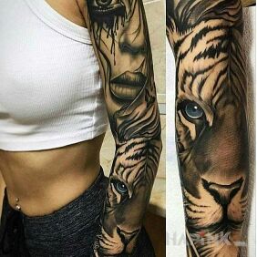 Tattoo Tiger sleeve on the forearm motif: animals style: realistic