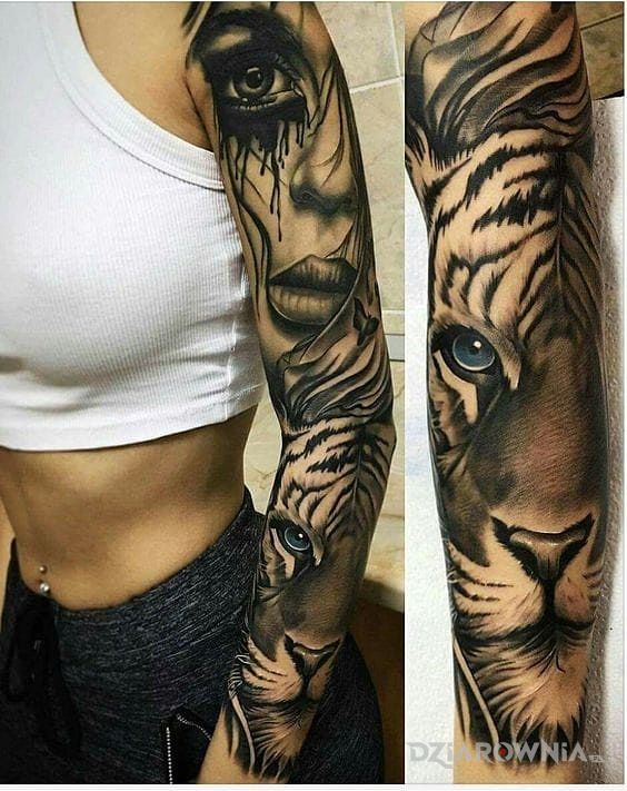 Tatuaż rękaw tygrysi w motywie rękawy i stylu realistyczne na ramieniu