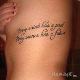 Tattoo Saints and sinners on the ribs motif: lettering