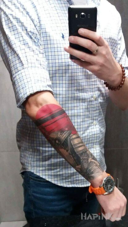 Tattoo Samuraj in colorful motif and japanese / irezumi style on the forearm