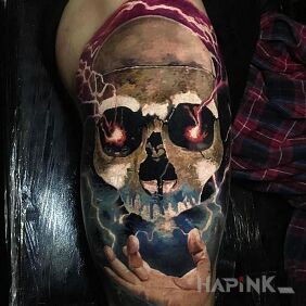 Tattoo Electric Skull on the leg motif: skulls style: realistic