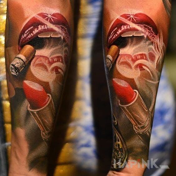 Tattoo Szminka i papieros in 3D motif and realistic style on the forearm