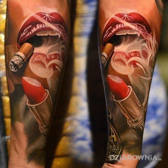 Tatuaż szminka i papieros w motywie kolorowe i stylu realistyczne na przedramieniu