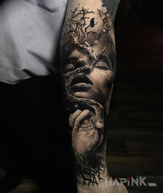 Tattoo Człowiek i natura in 3D motif and realistic style on the forearm