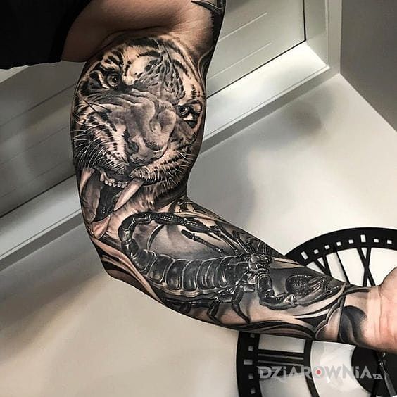 Tatuaż tygrys i skorpion w motywie rękawy i stylu realistyczne na ramieniu