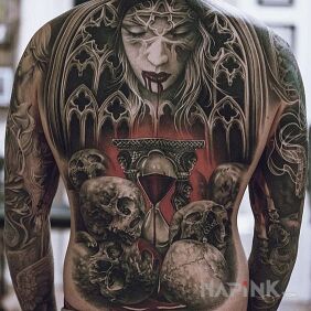 Tattoo Bloody hourglass on the back motif: 3D style: realistic