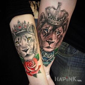 Tattoo Lion and lioness on the forearm motif: colorful