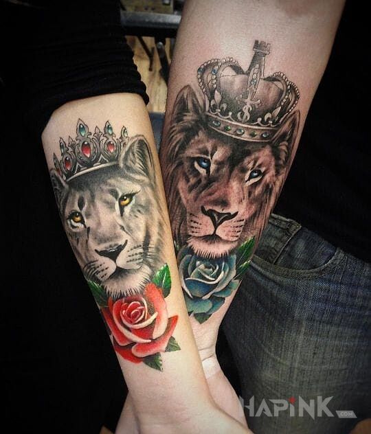Tattoo Lew i lwica in colorful motif on the forearm