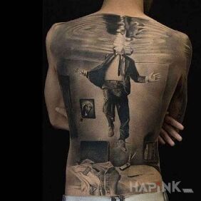 Tattoo Room under water on the back motif: characters style: realistic