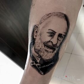 Tattoo Father Pio flew in for the holidays :) on the forearm motif: characters style: realistic
