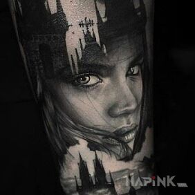 Tattoo Head above the city on the forearm motif: 3D style: realistic