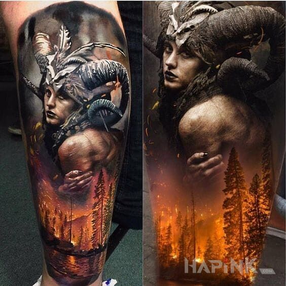 Tattoo Rogacz in characters motif and realistic style on the calf