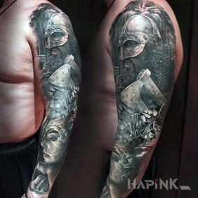Tattoo Warrior on the upper arm motif: characters style: realistic