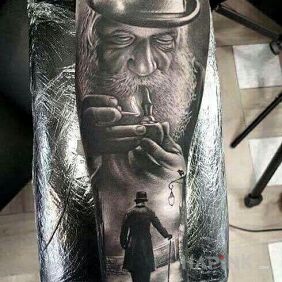 Tattoo Grandpa on the forearm motif: characters style: realistic
