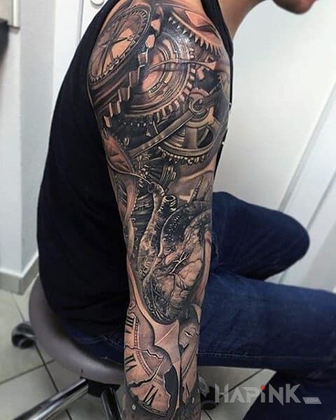 Tattoo Serce i tryby in sleeves motif and realistic style on the upper arm
