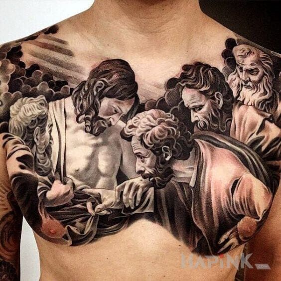 Tattoo Jezus in religious motif on the chest