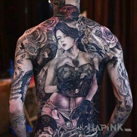 Tattoo Girl with a sword on the back motif: sexy style: realistic