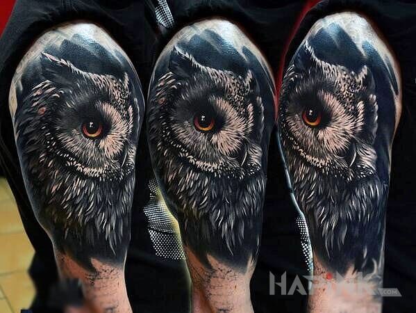 Tattoo Sowa in 3D motif and realistic style on the upper arm
