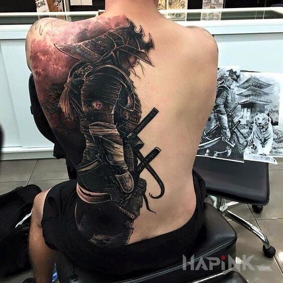Tattoo Samuraj in characters motif and realistic style on the shoulder blades