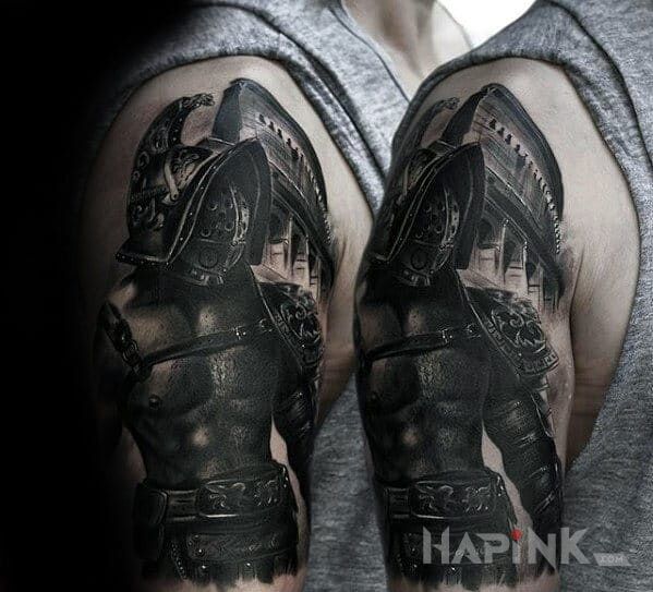 Tattoo Gladiator in characters motif and realistic style on the upper arm