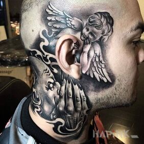 Tattoo Devil's whispers behind the ear motif: demons