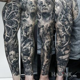 Tattoo Vase and cemetery on the forearm motif: sleeves style: realistic