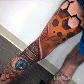 Tattoo Nothing DNA on the leg motif: 3D style: realistic