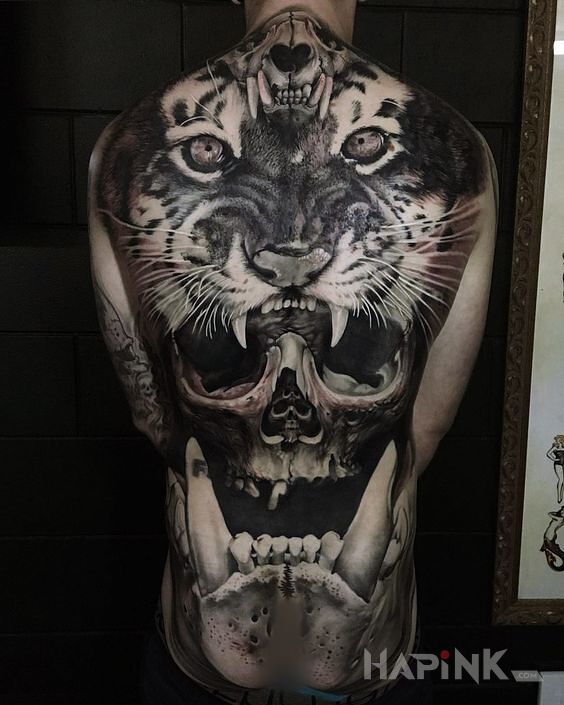 Tattoo Tygrys i czaszki in animals motif and realistic style on the back