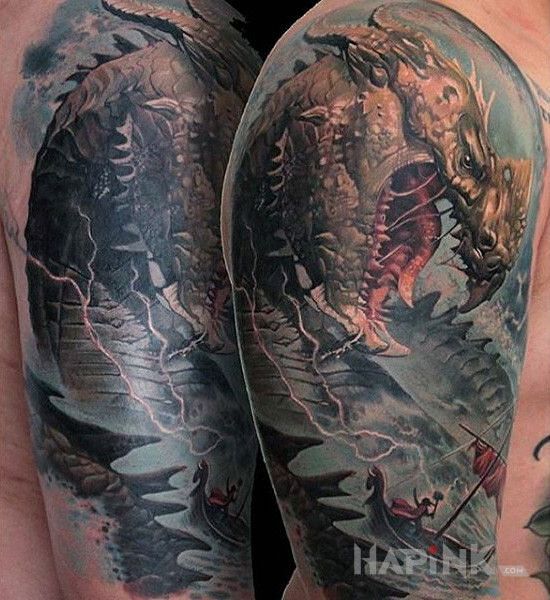 Tattoo Smok morski in 3D motif and realistic style on the upper arm