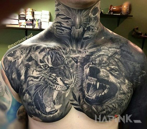 Tattoo Tygrys vs. wilk in animals motif and realistic style on the neck