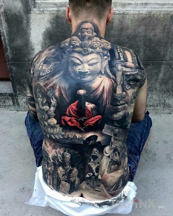 Tattoo Mnich in characters motif and realistic style on the back