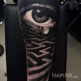 Tattoo Tearful eye on the forearm motif: 3D style: realistic