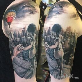Tattoo On the roof of a skyscraper on the upper arm motif: characters style: realistic