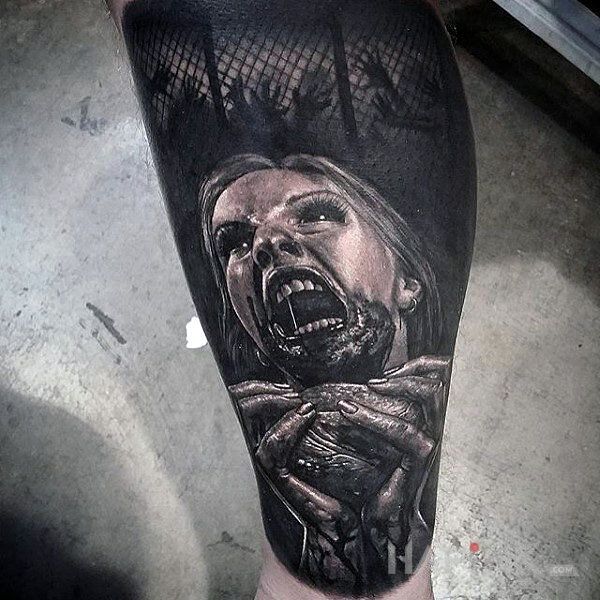 Tattoo Zombie in demons motif and realistic style on the calf
