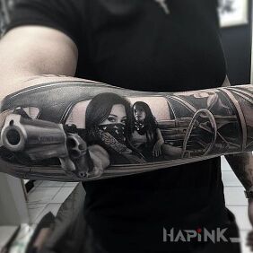 Tattoo Gangsters on the forearm motif: 3D style: realistic