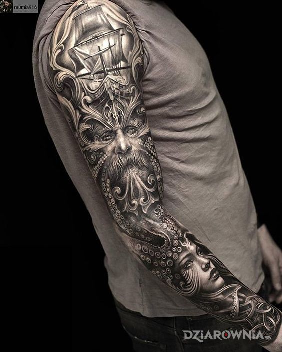 Tatuaż wilki morskie w motywie rękawy i stylu realistyczne na przedramieniu