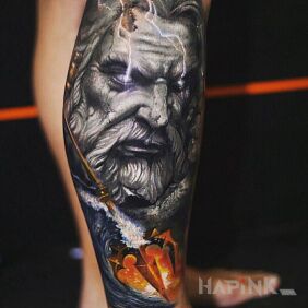 Tattoo Poseidon and Zeus on the calf motif: 3D