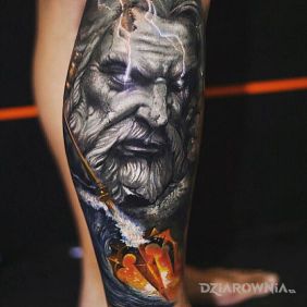 Tatuaż Posejdon i Zeus na łydce motyw: kolorowe
