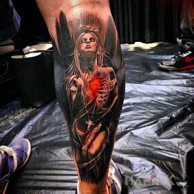 Tattoo Dark angel on the calf motif: angels