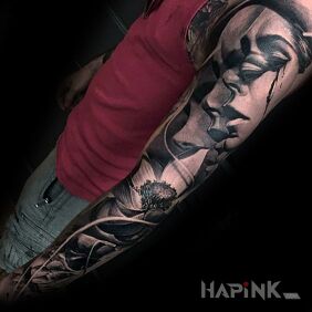 Tattoo Changing face on the forearm motif: sleeves style: realistic