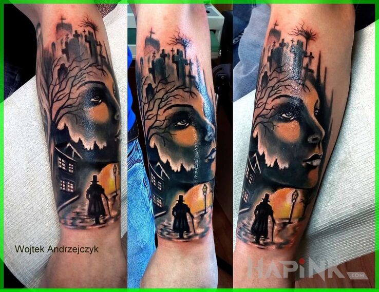 Tattoo Cmentarny in colorful motif on the forearm