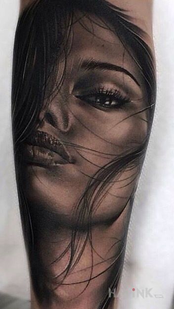 Tattoo Kobiecy portret in faces motif and realistic style on the forearm