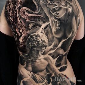 Tattoo Adam and Eve on the back motif: characters